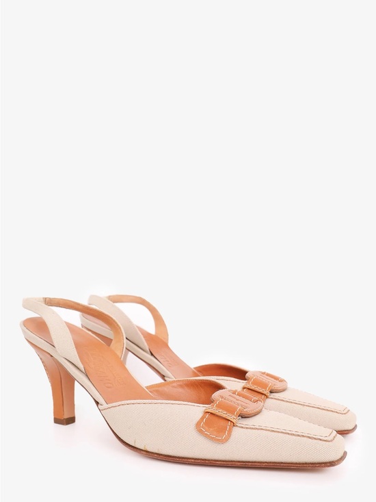 Salvatore Ferragamo Shoes - Salvatore Ferragamo Beige Canvas Slingback Pumps with Tan Trim